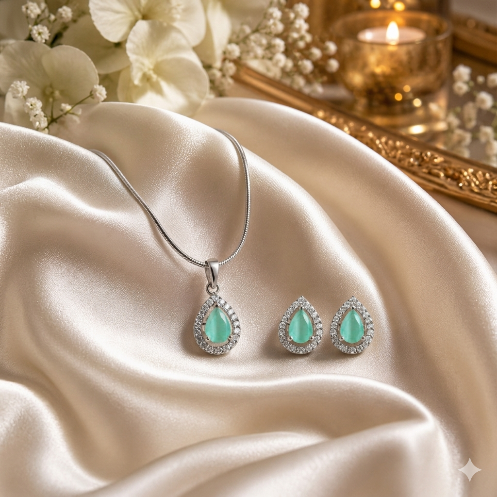 Aqua Teardrop American Diamond Pendant & Earring Set