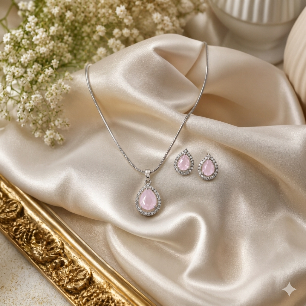 American Diamond Pink Teardrop Pendant & Earring Set