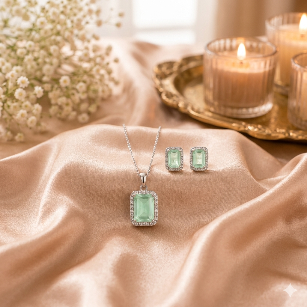 Emerald Cut American Diamond Pendant & Earring Set
