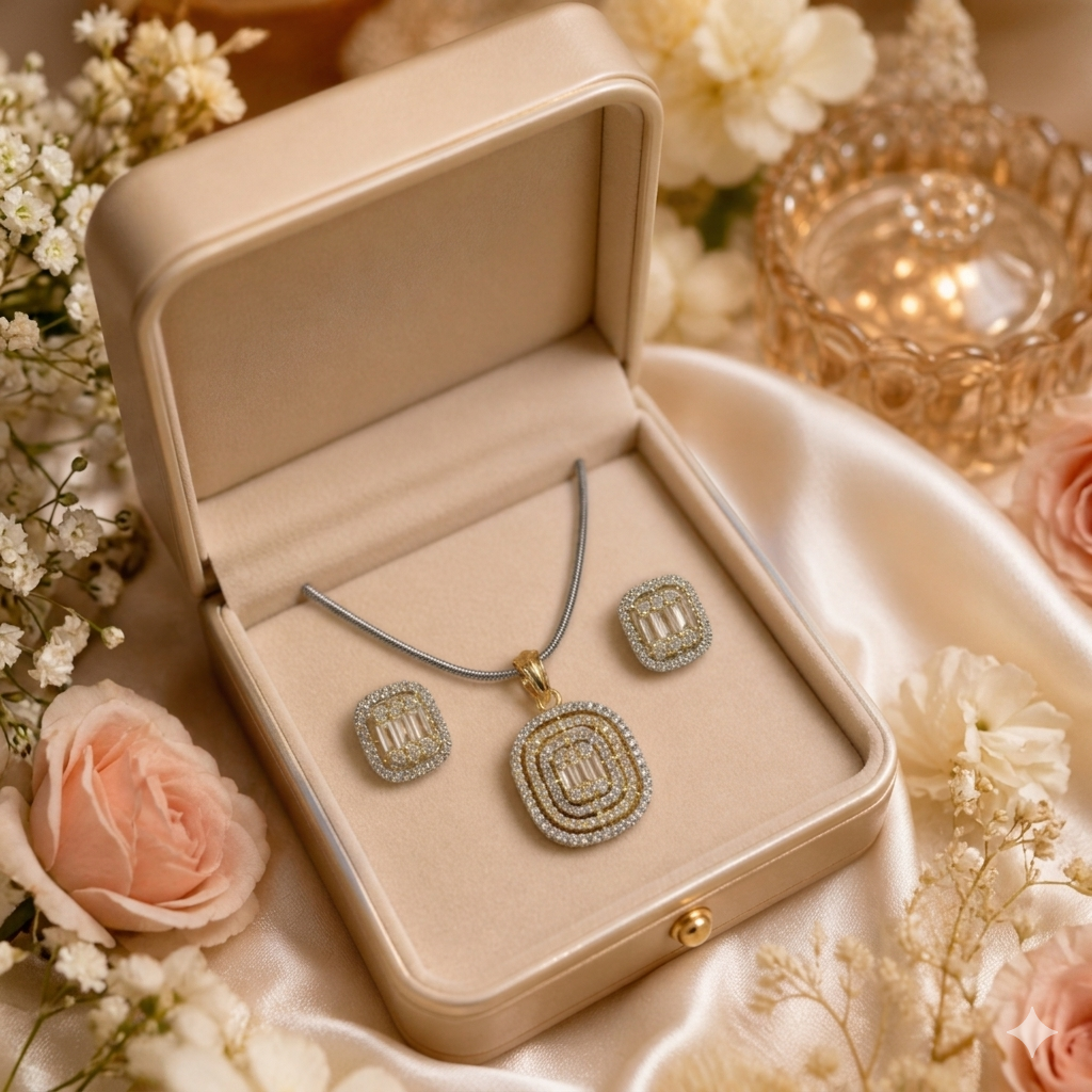 Double Halo American Diamond Pendant & Earring Set For Women & Girls