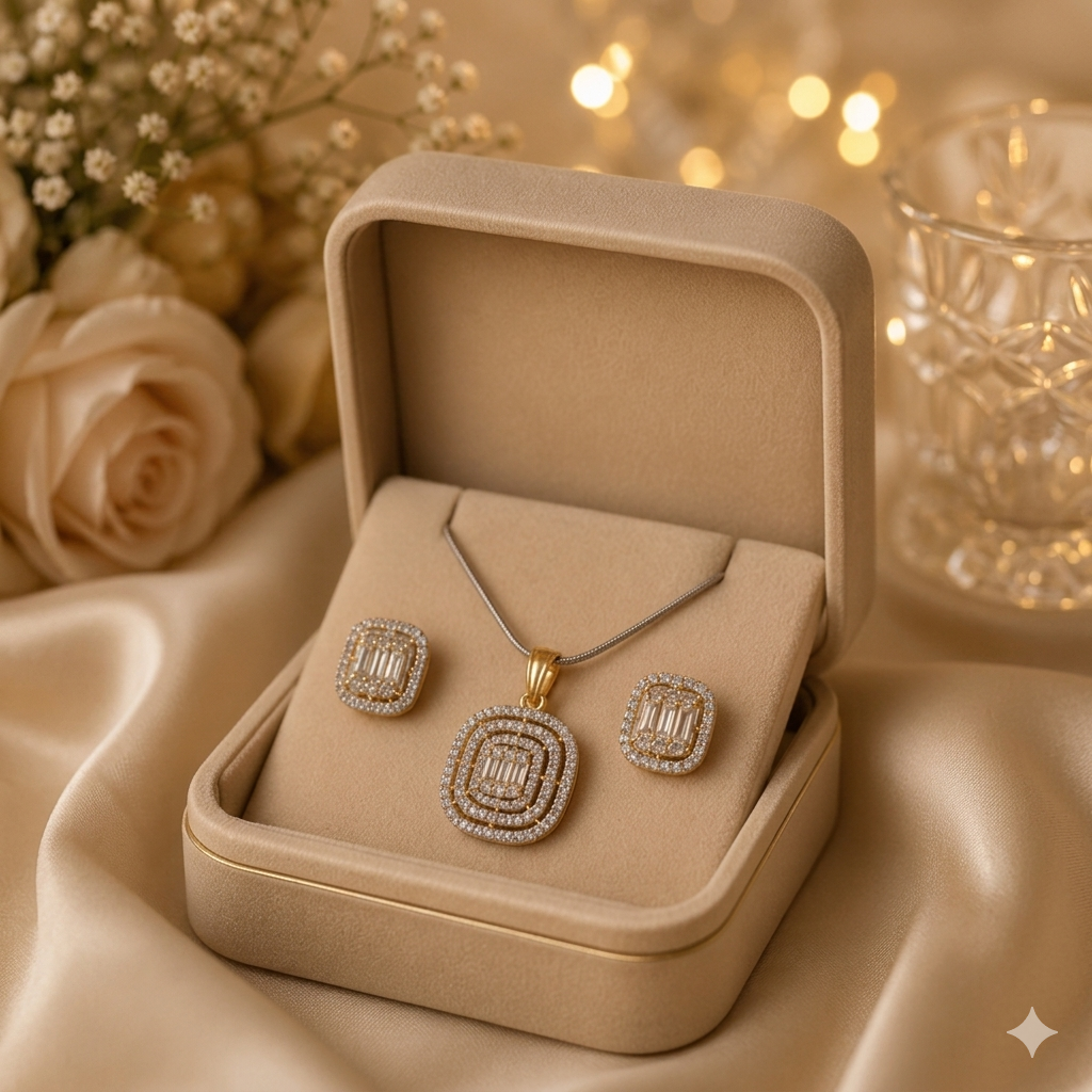 Double Halo American Diamond Pendant & Earring Set For Women & Girls