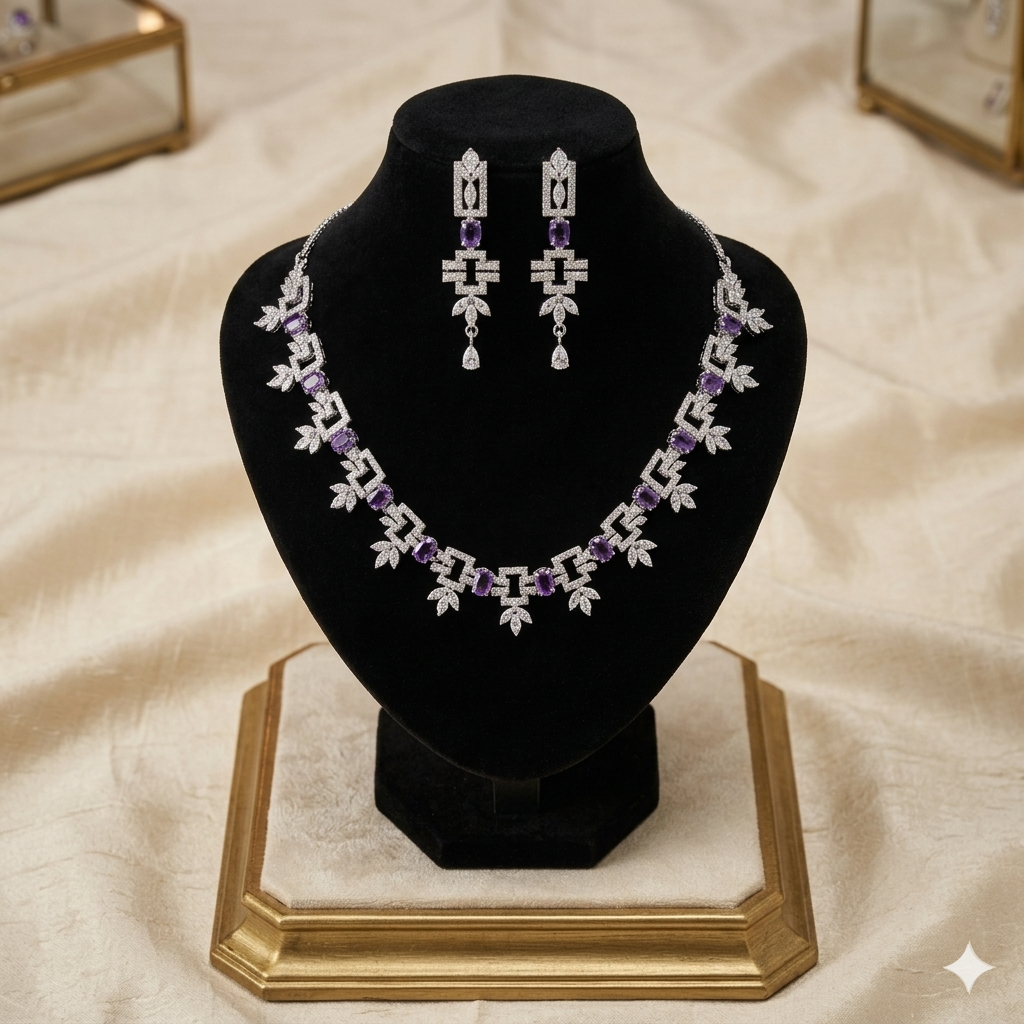 Amethyst Purple CZ Geometric Necklace & Earrings Set