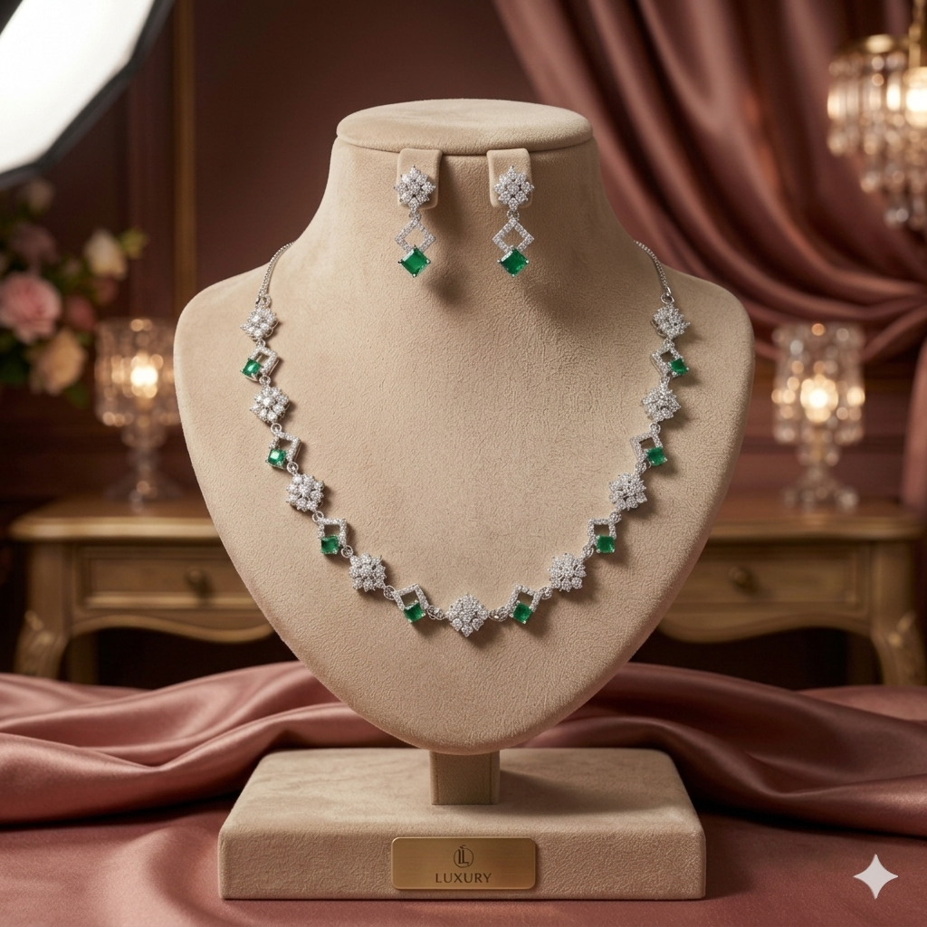 Emerald Green CZ Floral  Necklace & Earrings Set