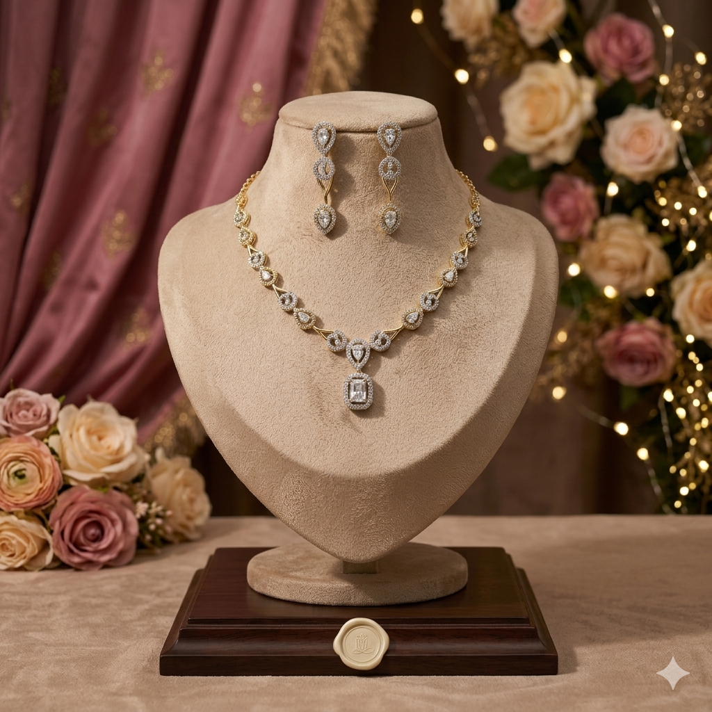 Gold-Toned CZ Teardrop Pendant Necklace & Earrings Set