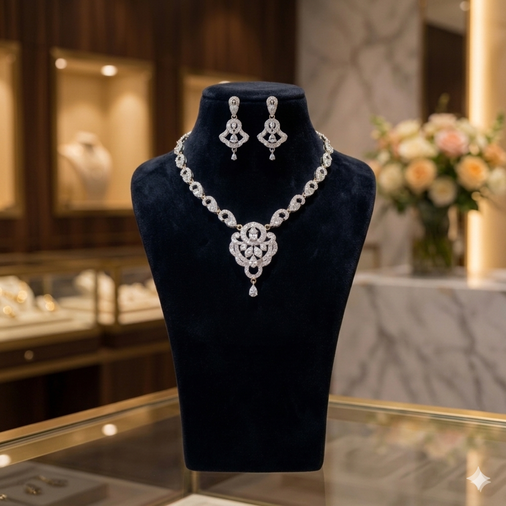 CZ Floral Dual Tone Paisley Necklace & Earrings Set