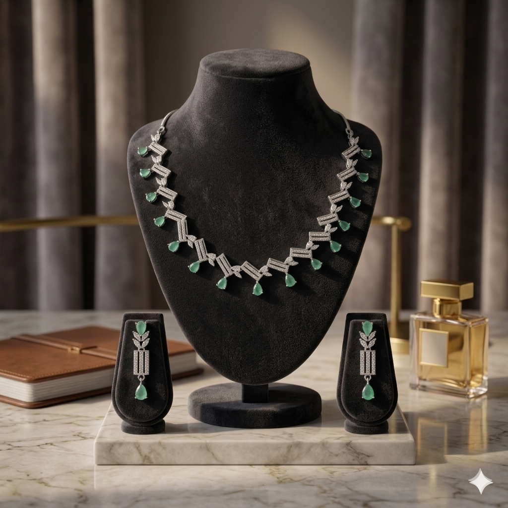 Mint Green American Diamond Chevron Leaf Necklace & Earrings Set