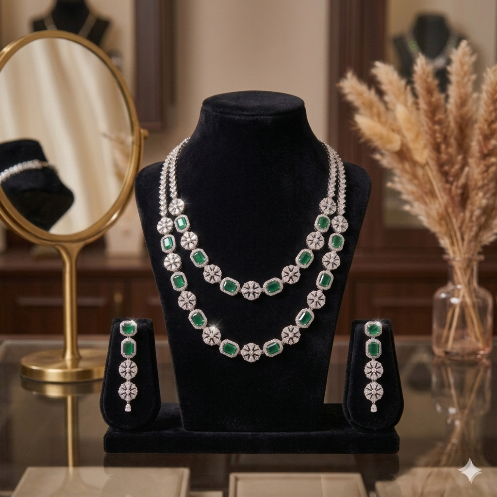 Emerald Green CZ Double Layer Necklace & Earrings Set For Women