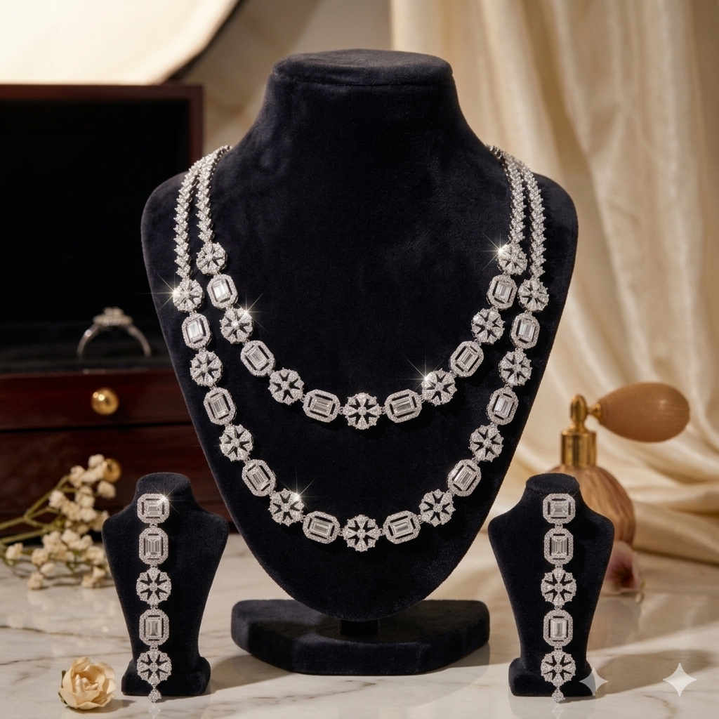 Emerald Green CZ Double Layer Necklace & Earrings Set For Women