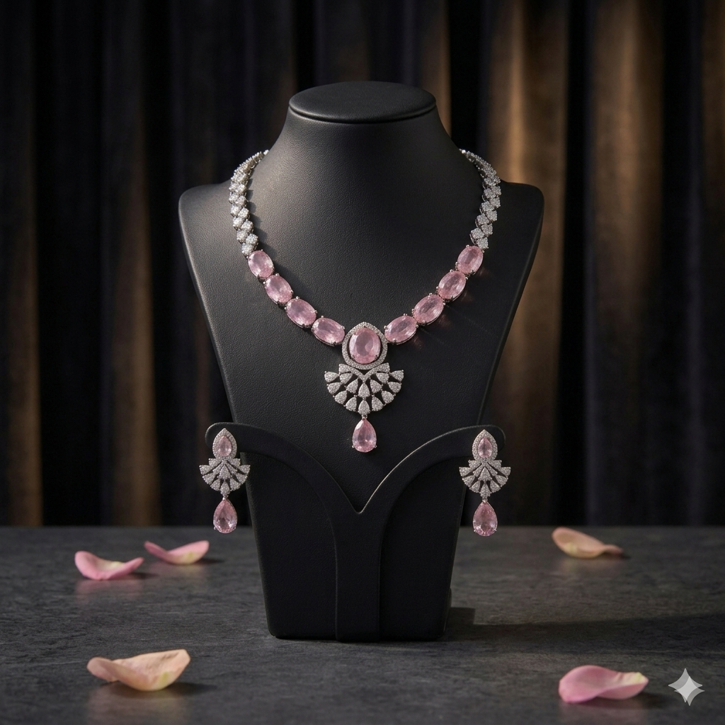 Rose Pink American Diamond Fan  Necklace & Earrings Set