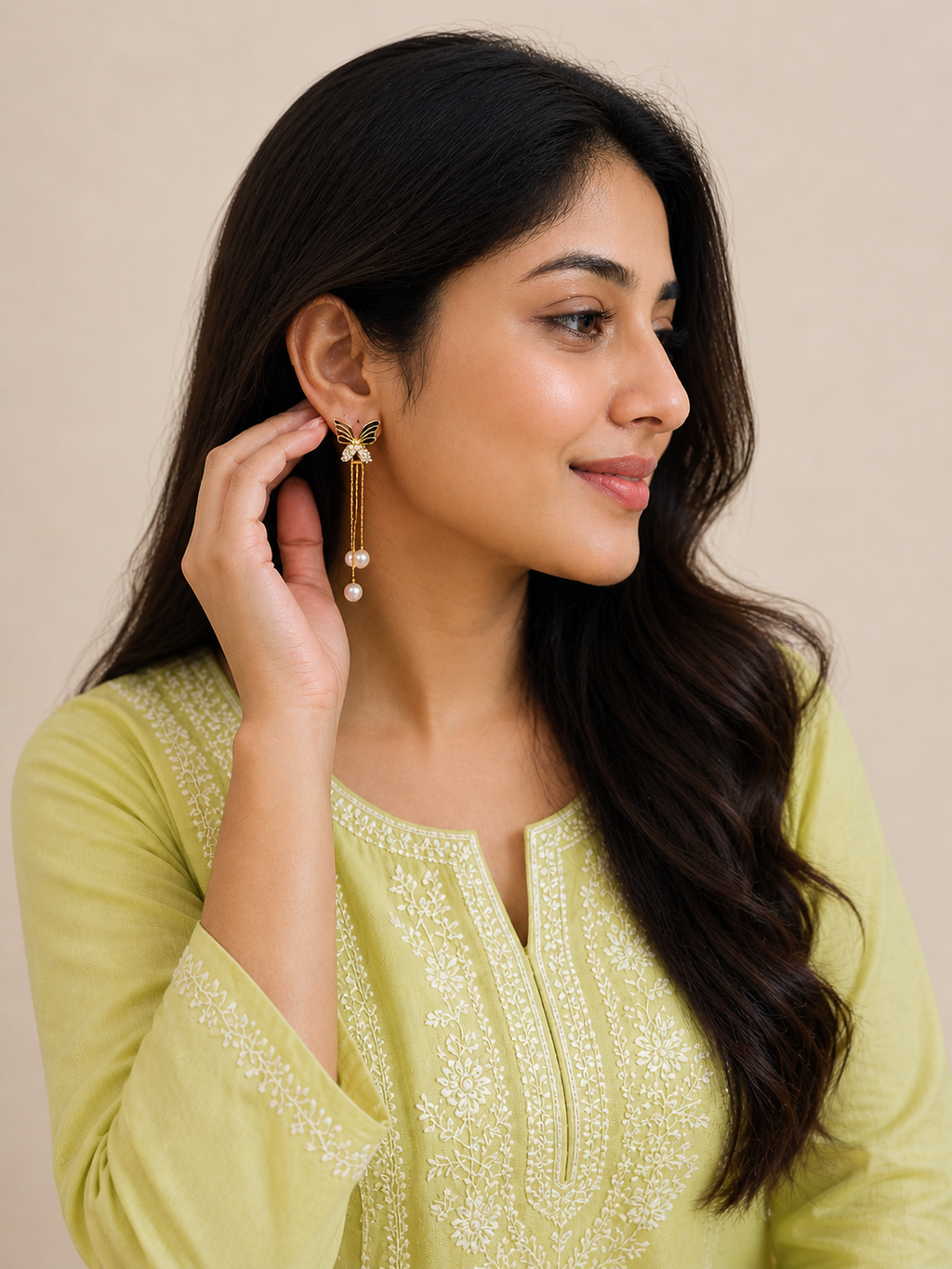Butterfly Pearl Drop Earrings for Women | Gold Plated Long Chain Earrings