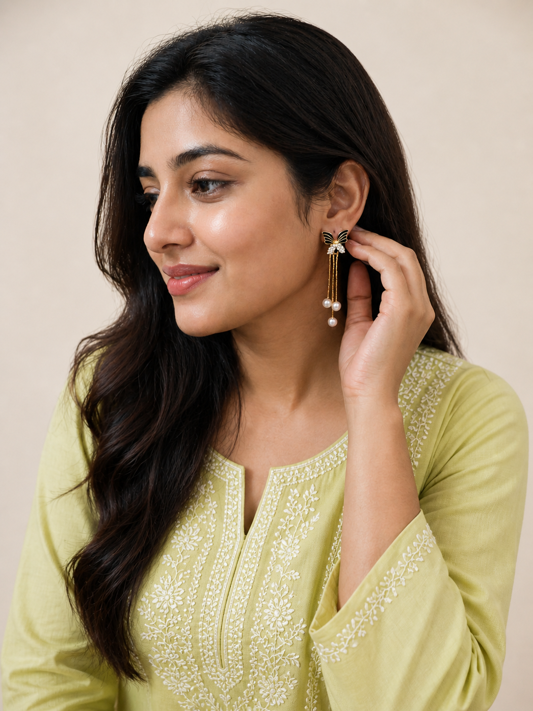 Butterfly Pearl Drop Earrings for Women | Gold Plated Long Chain Earrings