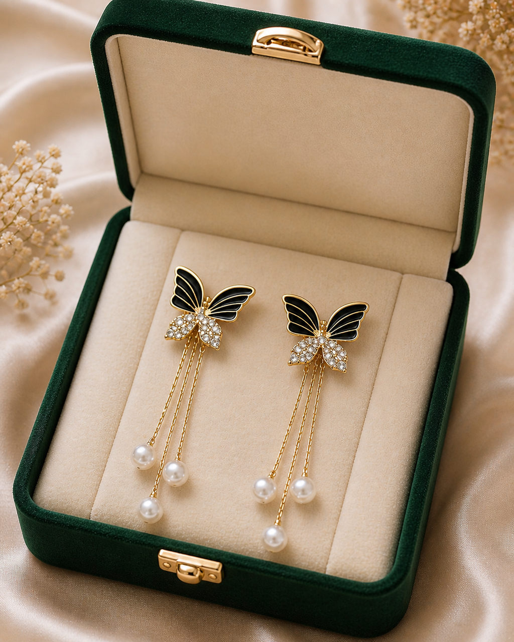 Butterfly Pearl Drop Earrings for Women | Gold Plated Long Chain Earrings