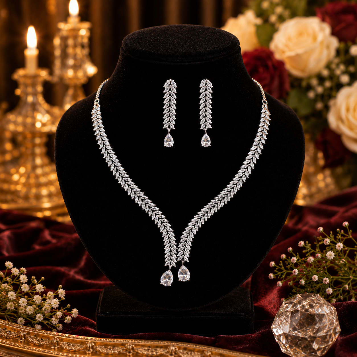American Diamond Leaf Drop Necklace Set for Women | Elegant V-Shape AD Necklace with Matching Drop Earrings