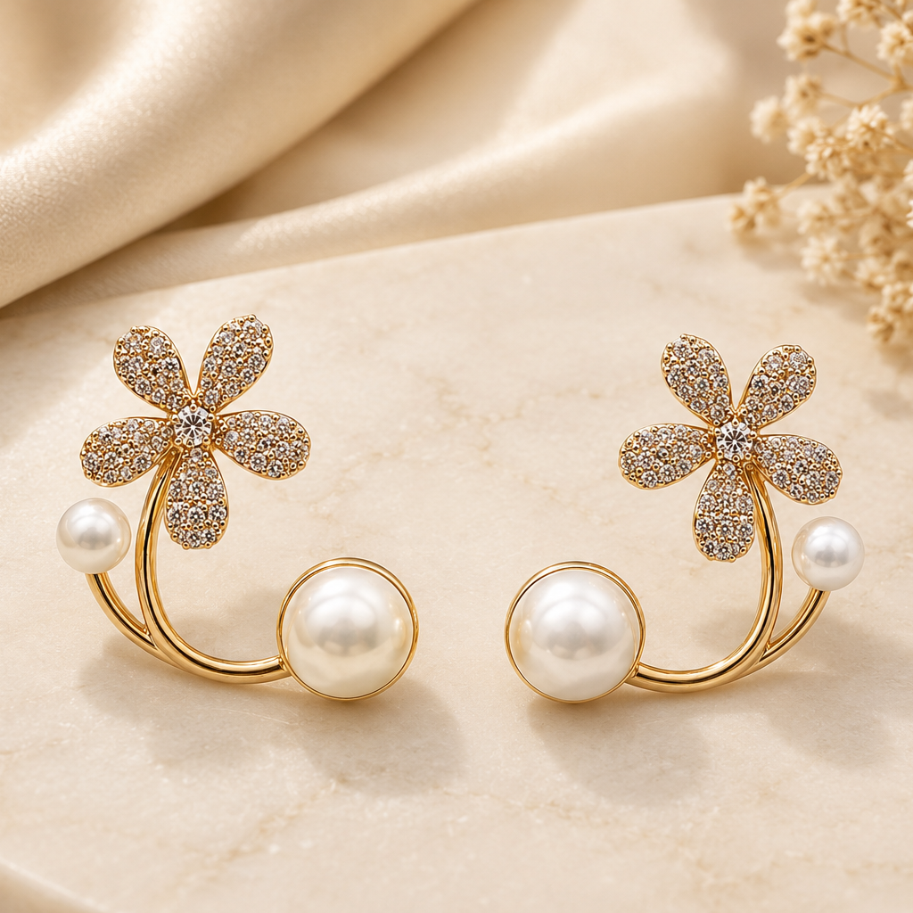 Elegant Pearl Floral Earrings for Women | Gold Plated Crystal Flower Stud Earrings