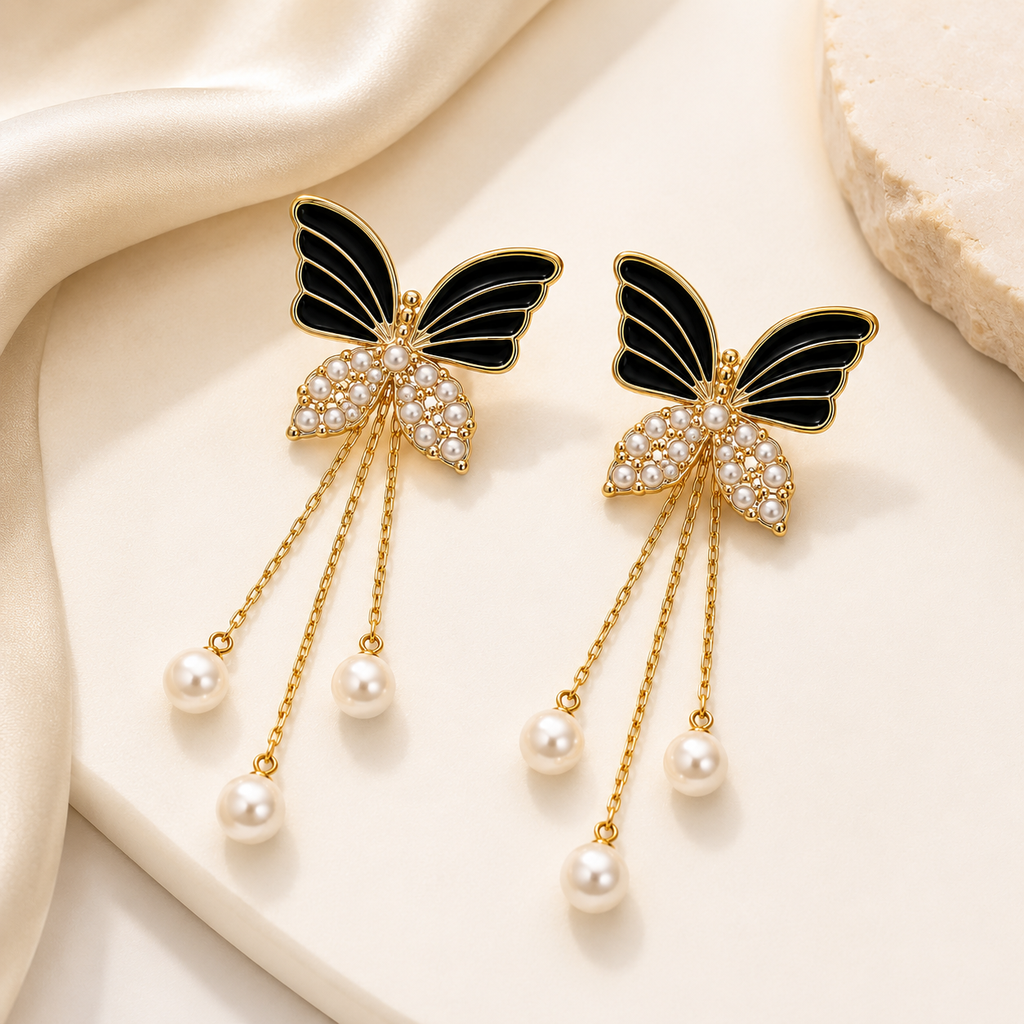 Butterfly Pearl Drop Earrings for Women | Gold Plated Long Chain Earrings