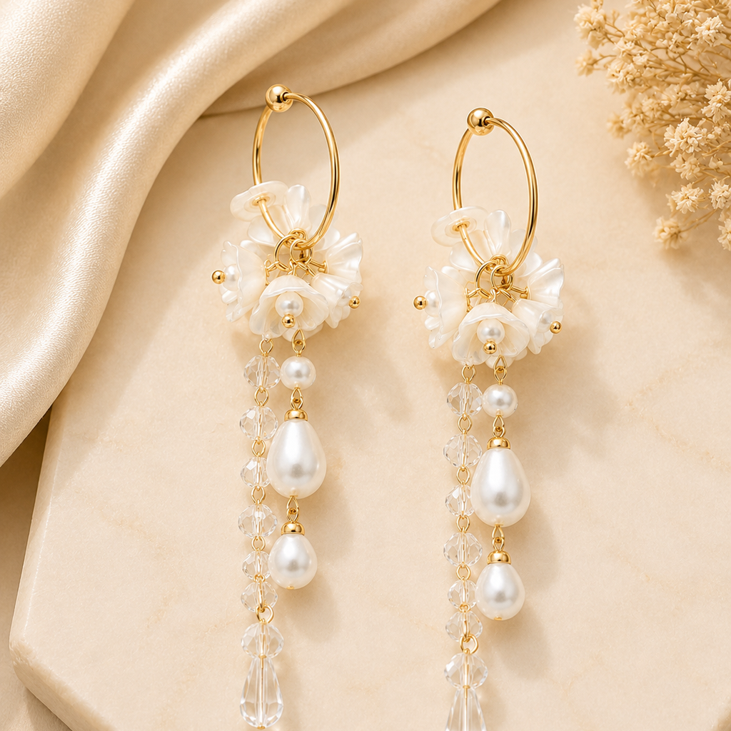 Elegant White Flower Earrings with Pearl Drops | Korean Style Jewelry