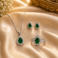 Emerald Pear CZ Halo Pendant, Earring & Adjustable Ring Set
