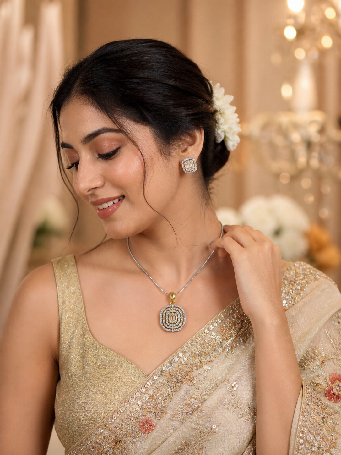 Double Halo American Diamond Pendant & Earring Set For Women & Girls