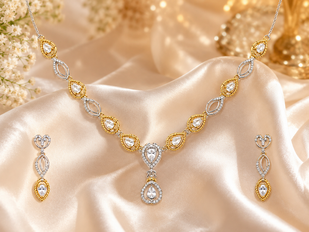 CZ Marquise Link Teardrop Pendant Necklace & Earrings Set
