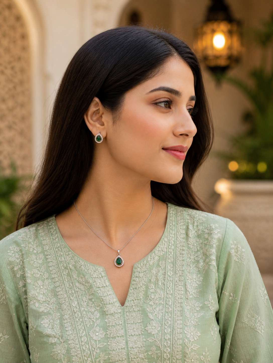 Emerald Pear CZ Halo Pendant, Earring & Adjustable Ring Set