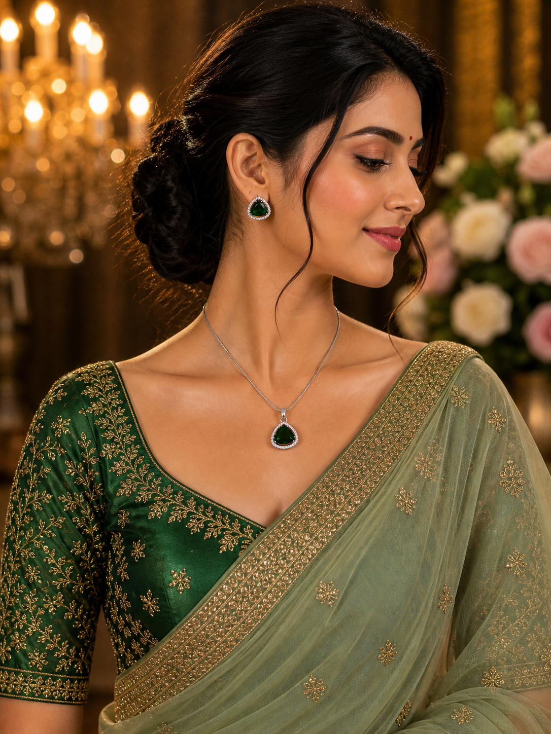 Green Emerald Triangle Pendant With Earrings| Finish With American Diamond