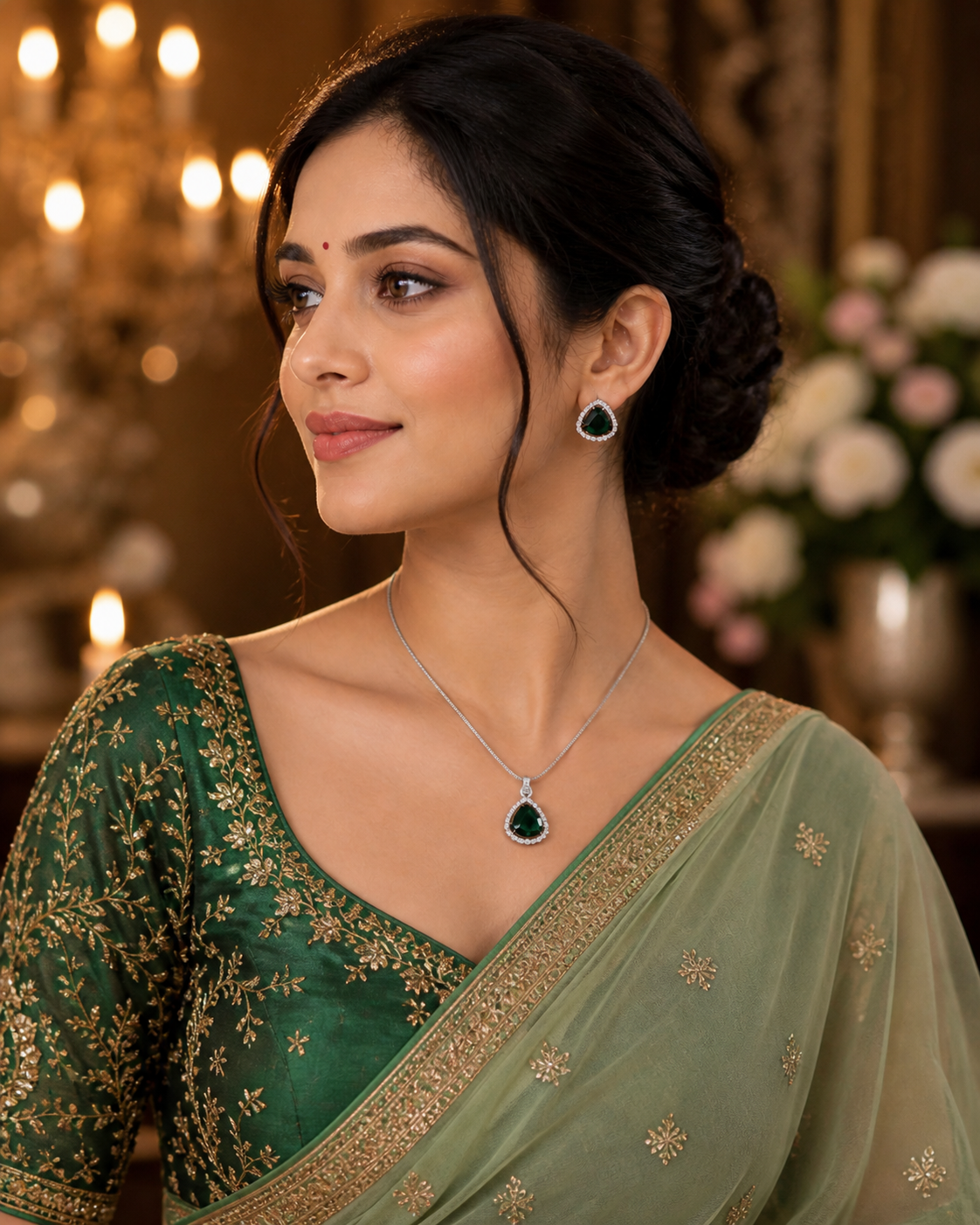 Green Emerald Triangle Pendant With Earrings| Finish With American Diamond
