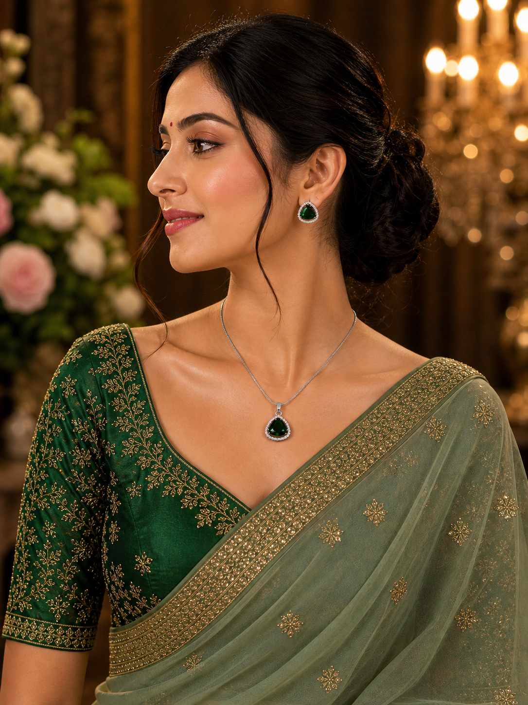 Green Emerald Triangle Pendant With Earrings| Finish With American Diamond
