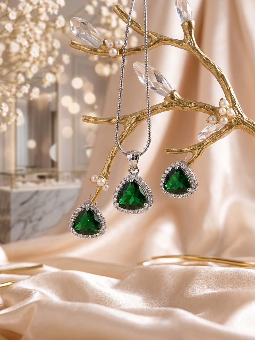Green Emerald Triangle Pendant With Earrings| Finish With American Diamond