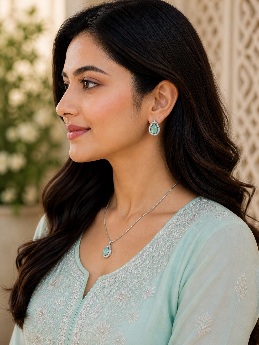 Aqua Teardrop American Diamond Pendant & Earring Set