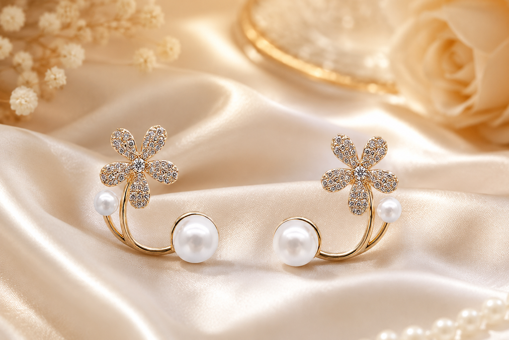 Elegant Pearl Floral Earrings for Women | Gold Plated Crystal Flower Stud Earrings