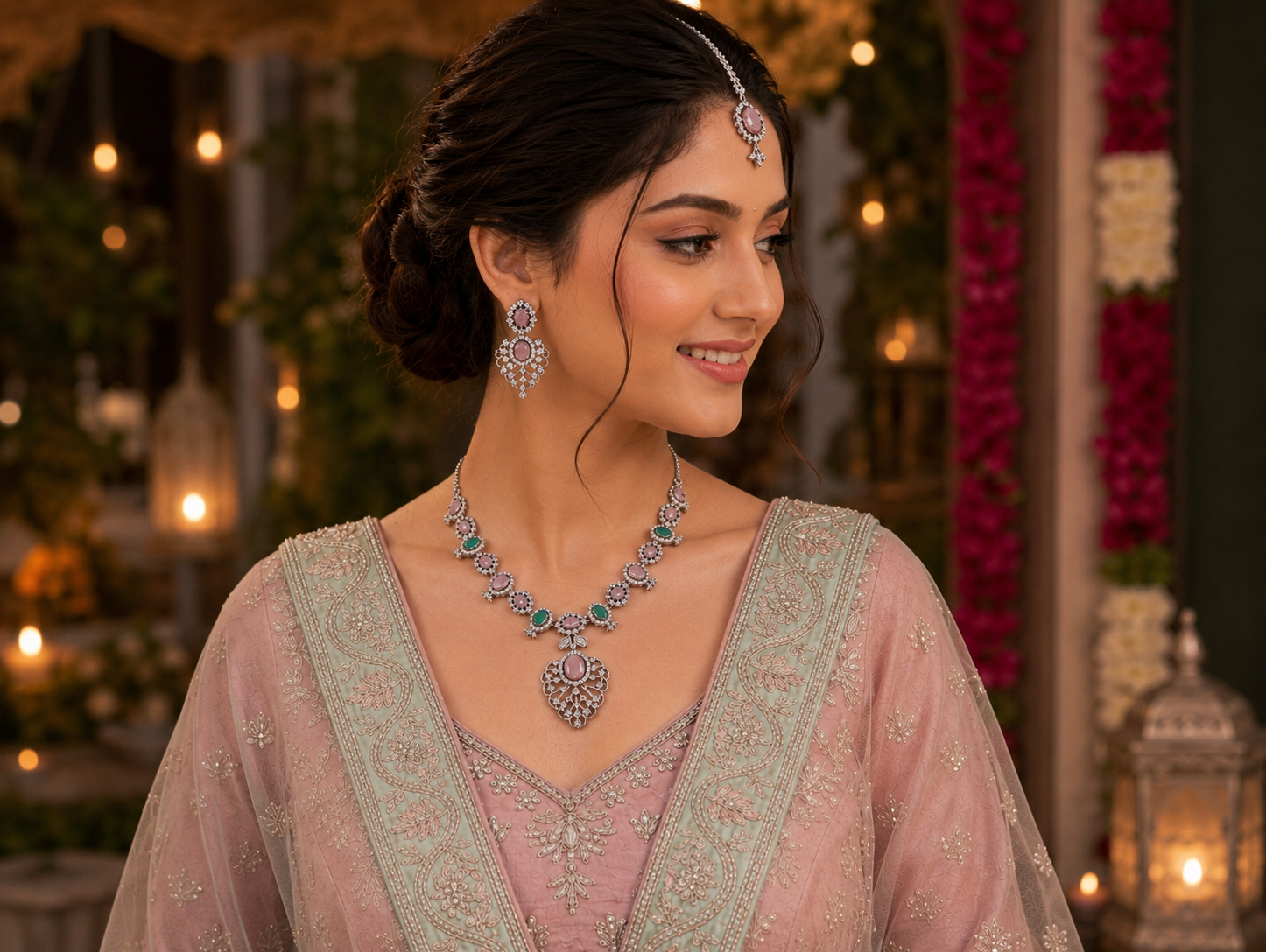 Pastel Multicolour CZ Filigree Pendant Necklace, Maang Tikka & Earrings Set