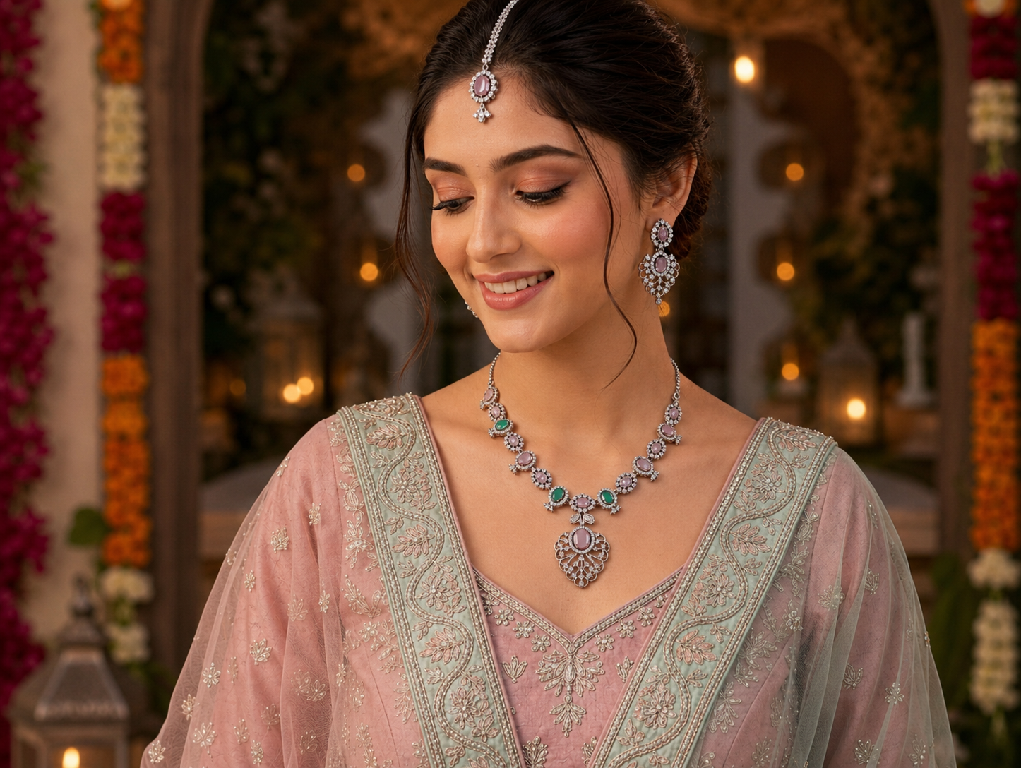 Pastel Multicolour CZ Filigree Pendant Necklace, Maang Tikka & Earrings Set