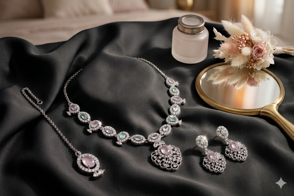 Pastel Multicolour CZ Filigree Pendant Necklace, Maang Tikka & Earrings Set