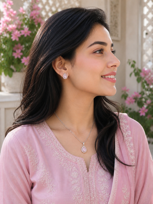 American Diamond Pink Teardrop Pendant & Earring Set