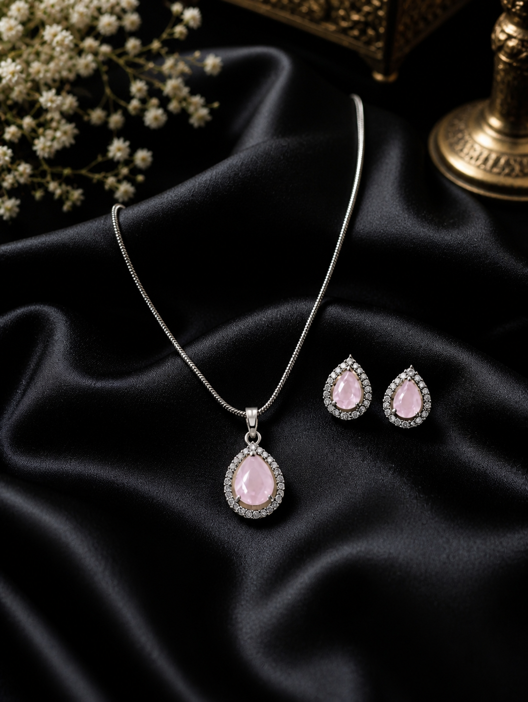 American Diamond Pink Teardrop Pendant & Earring Set