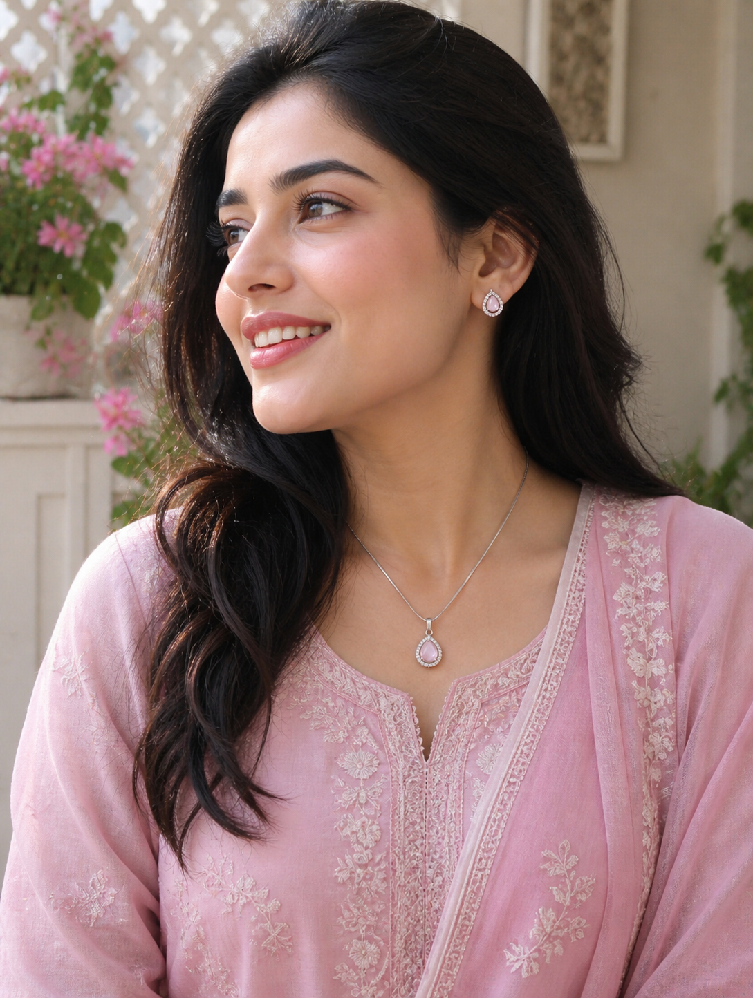 American Diamond Pink Teardrop Pendant & Earring Set