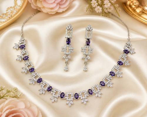 Amethyst Purple CZ Geometric Necklace & Earrings Set