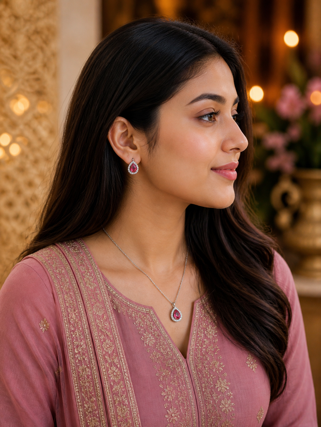 Ruby Teardrop Pendant & Earring Set