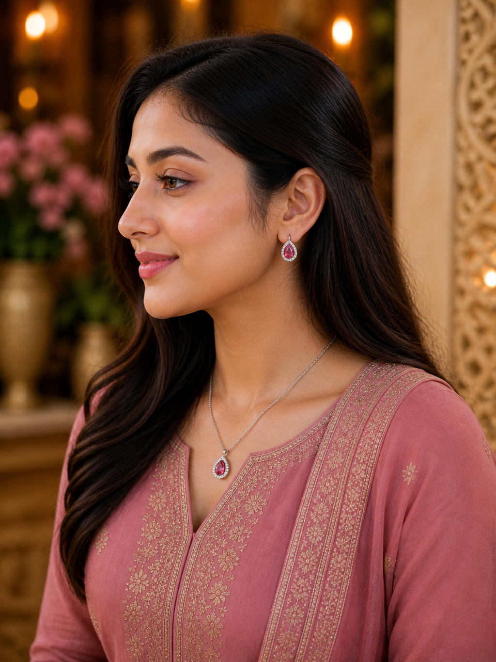 Ruby Teardrop Pendant & Earring Set