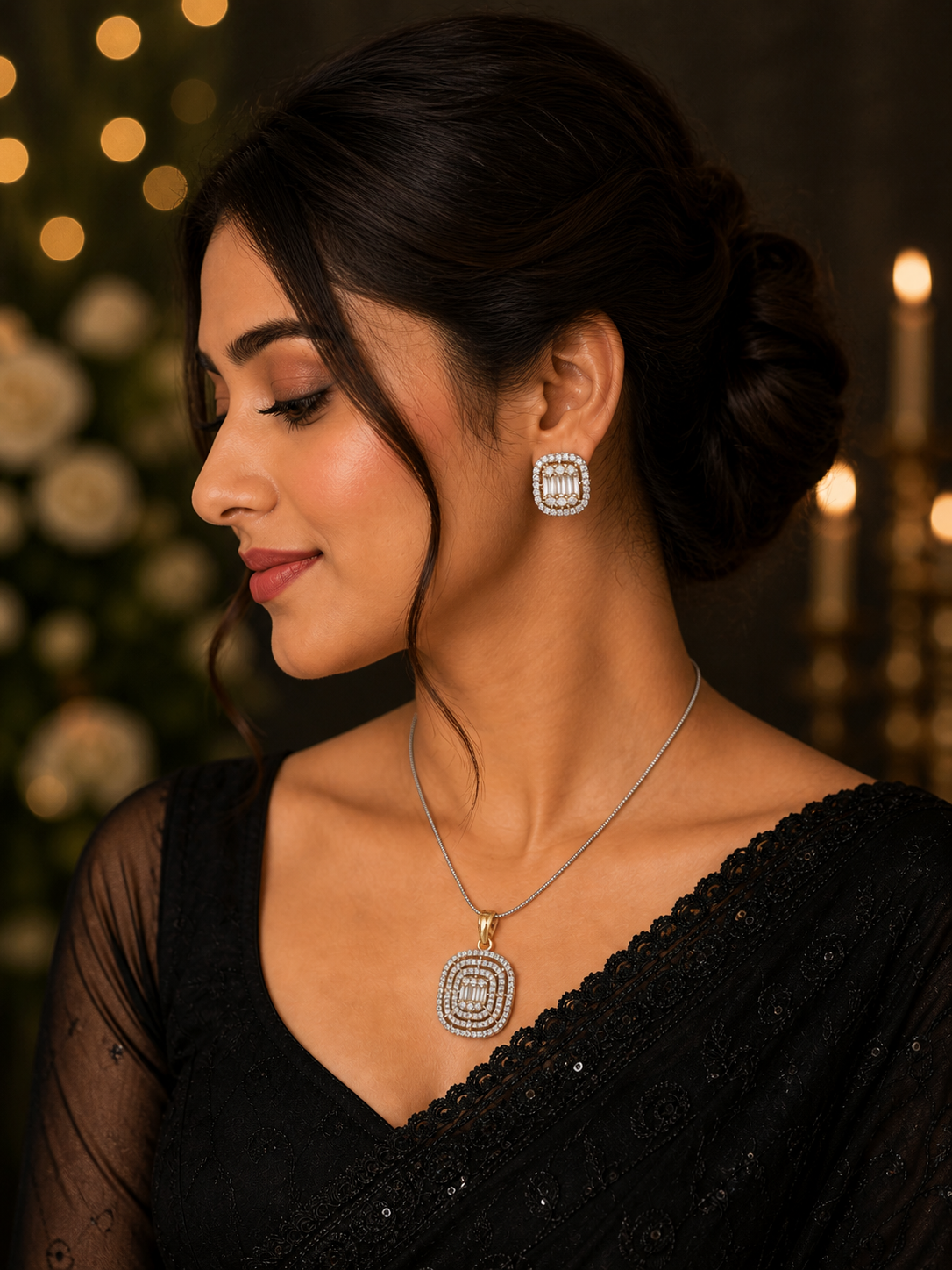 Double Halo American Diamond Pendant & Earring Set For Women & Girls