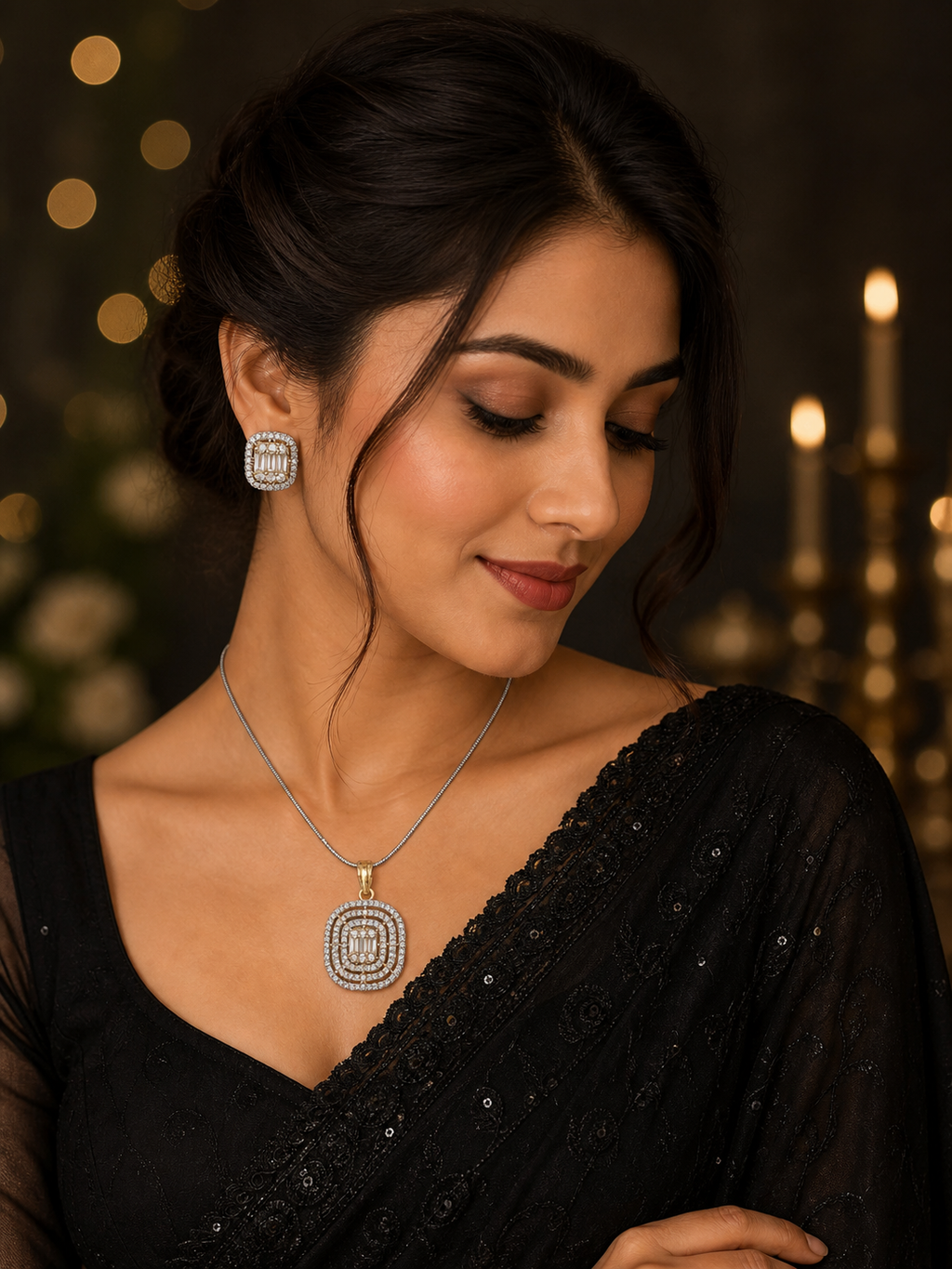 Double Halo American Diamond Pendant & Earring Set For Women & Girls