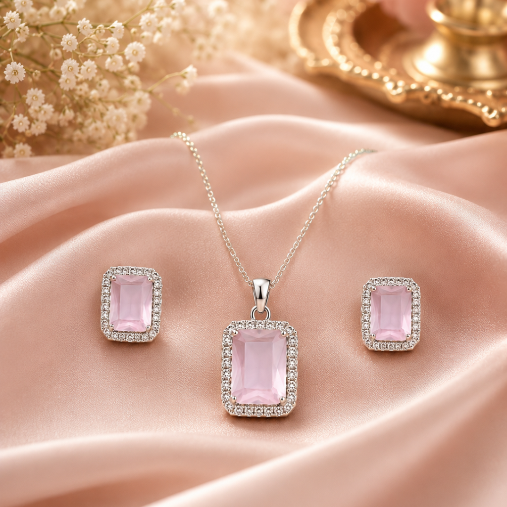 Emerald Cut American Diamond Pendant & Earring Set