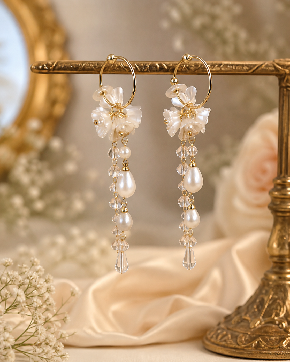 Elegant White Flower Earrings with Pearl Drops | Korean Style Jewelry