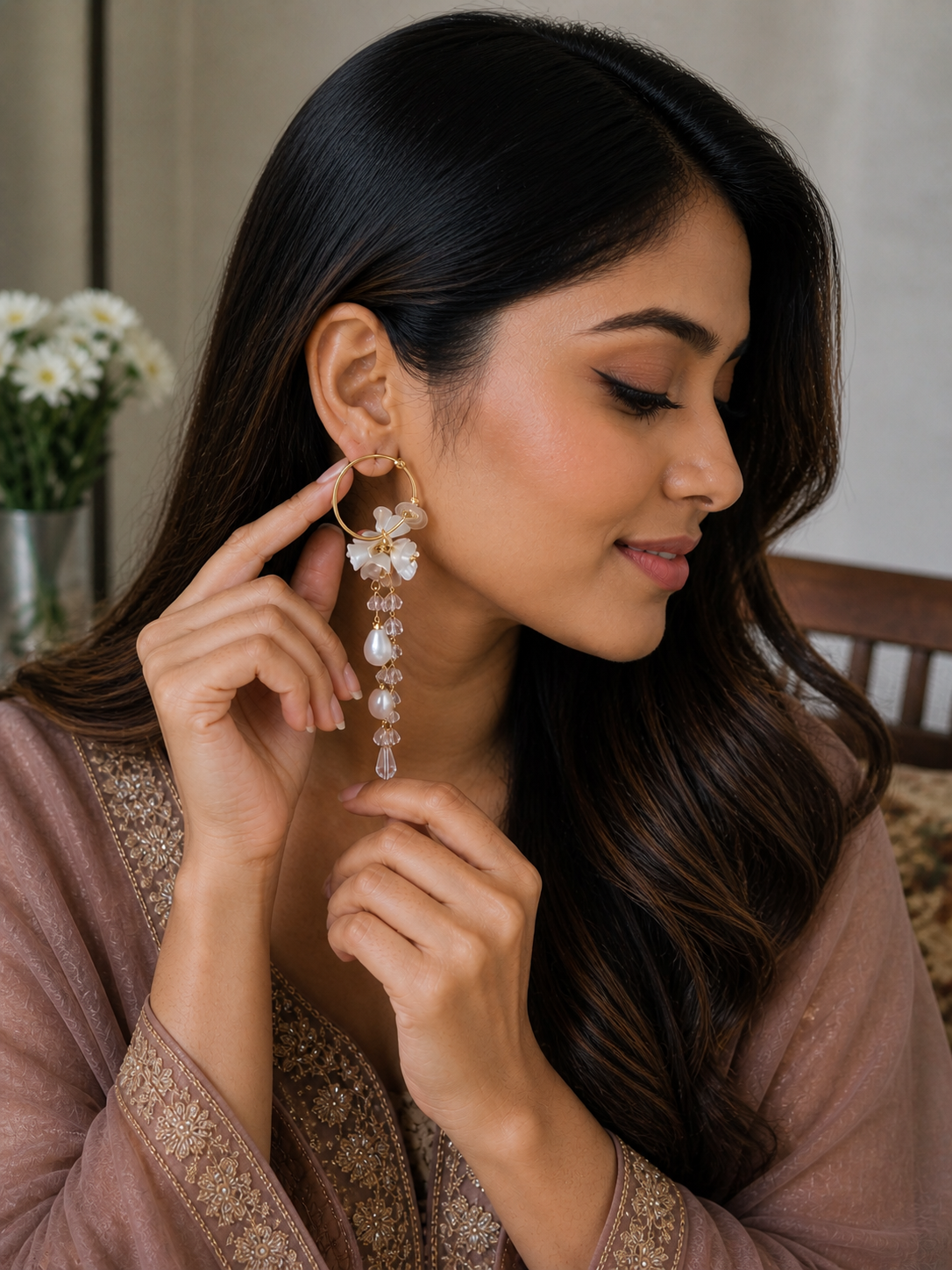 Elegant White Flower Earrings with Pearl Drops | Korean Style Jewelry