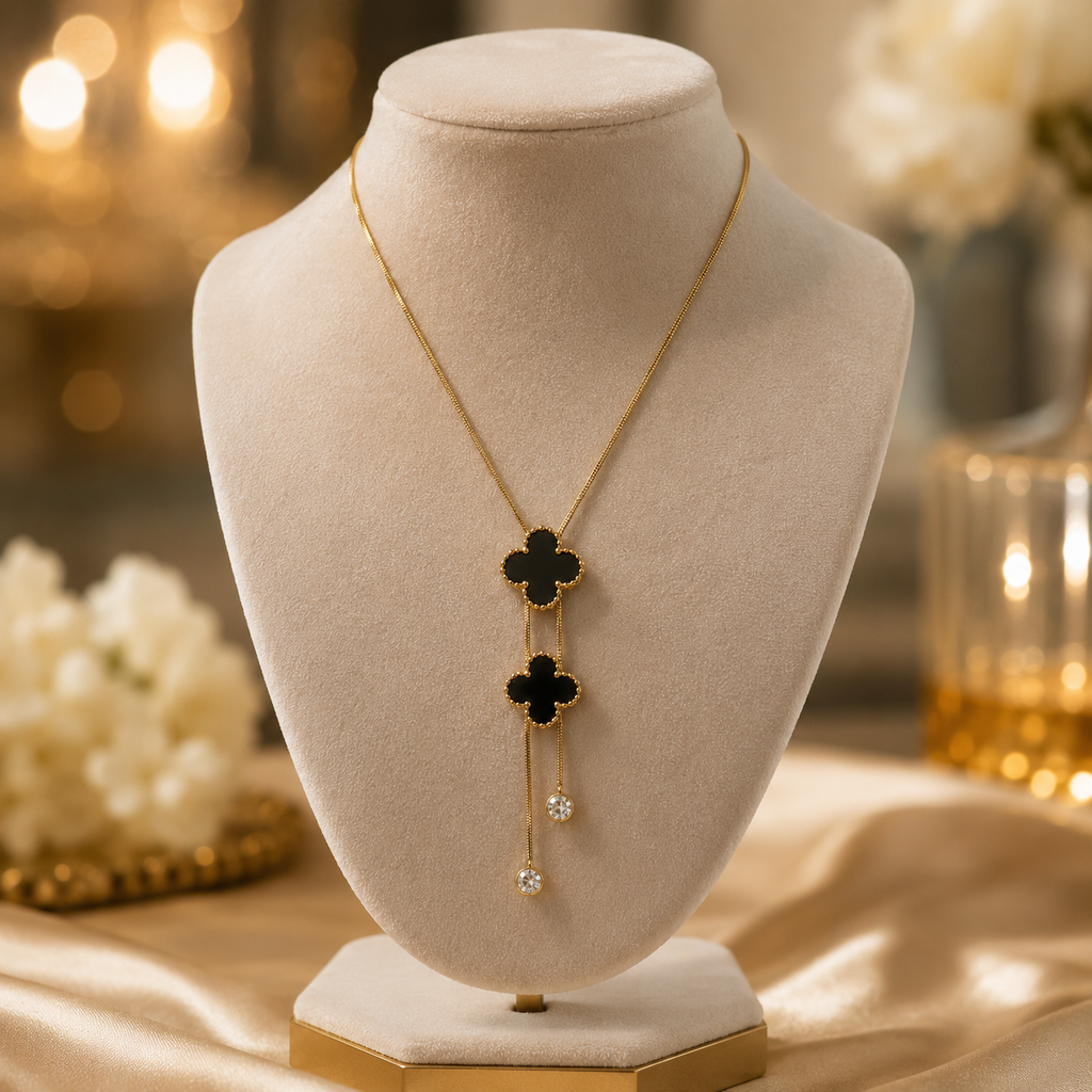 Anti Tarnish Gold Plated Black Clover Pendant Necklace for Women & Girls | Crystal Drop Chain