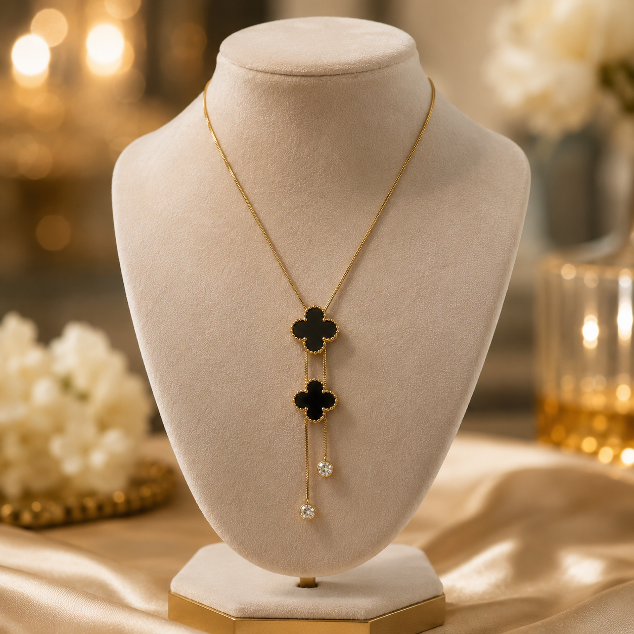 Anti Tarnish Gold Plated Black Clover Pendant Necklace for Women & Girls | Crystal Drop Chain