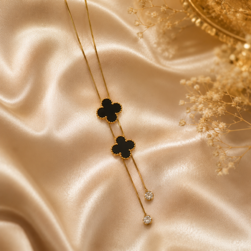 Anti Tarnish Gold Plated Black Clover Pendant Necklace for Women & Girls | Crystal Drop Chain