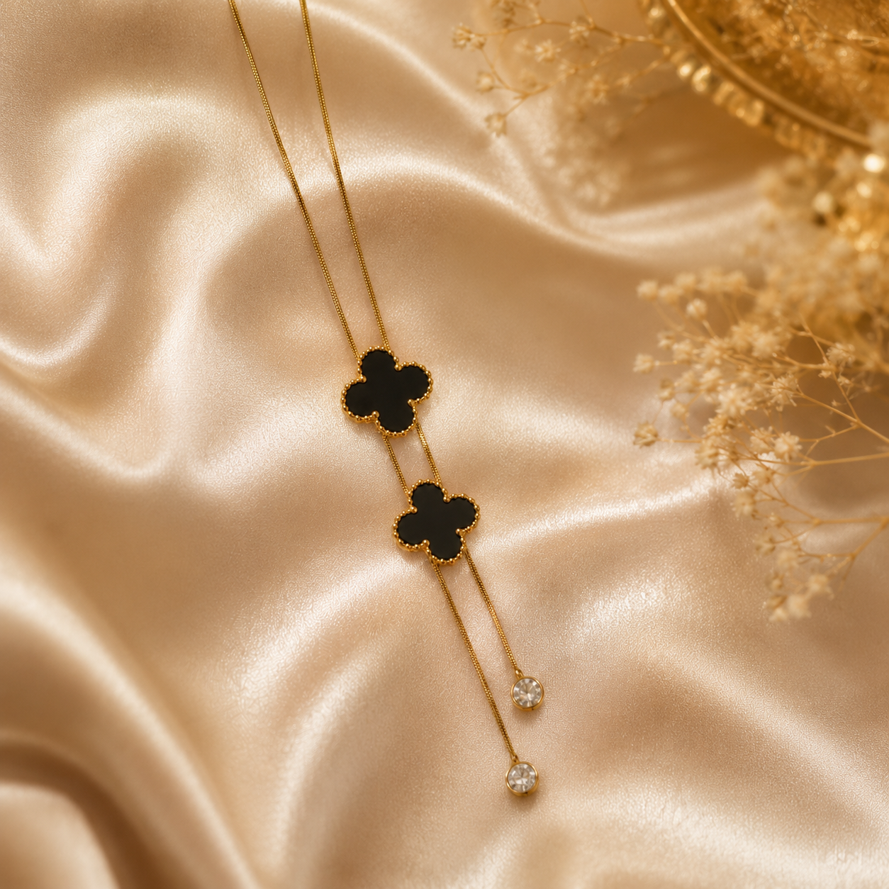 Anti Tarnish Gold Plated Black Clover Pendant Necklace for Women & Girls | Crystal Drop Chain