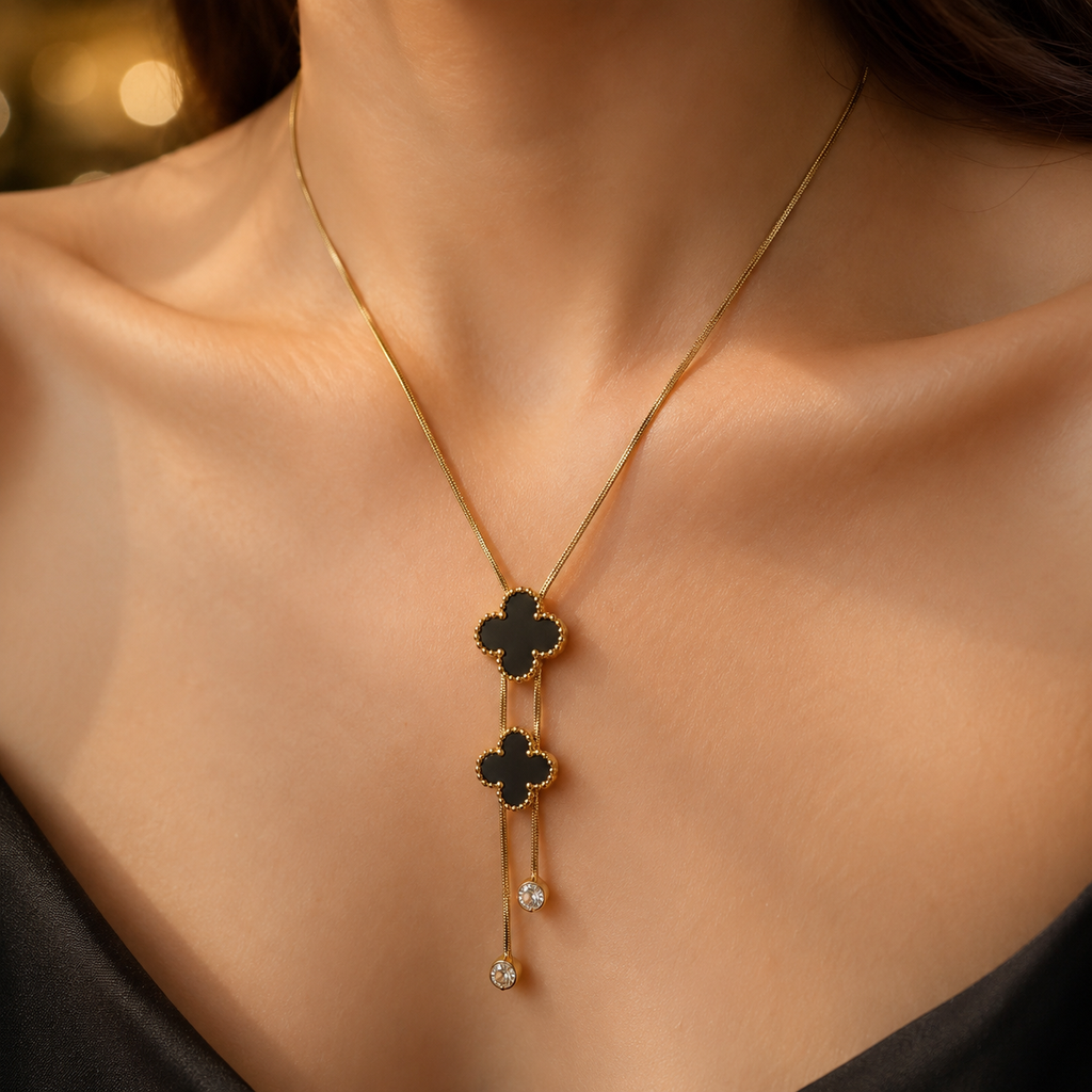 Anti Tarnish Gold Plated Black Clover Pendant Necklace for Women & Girls | Crystal Drop Chain