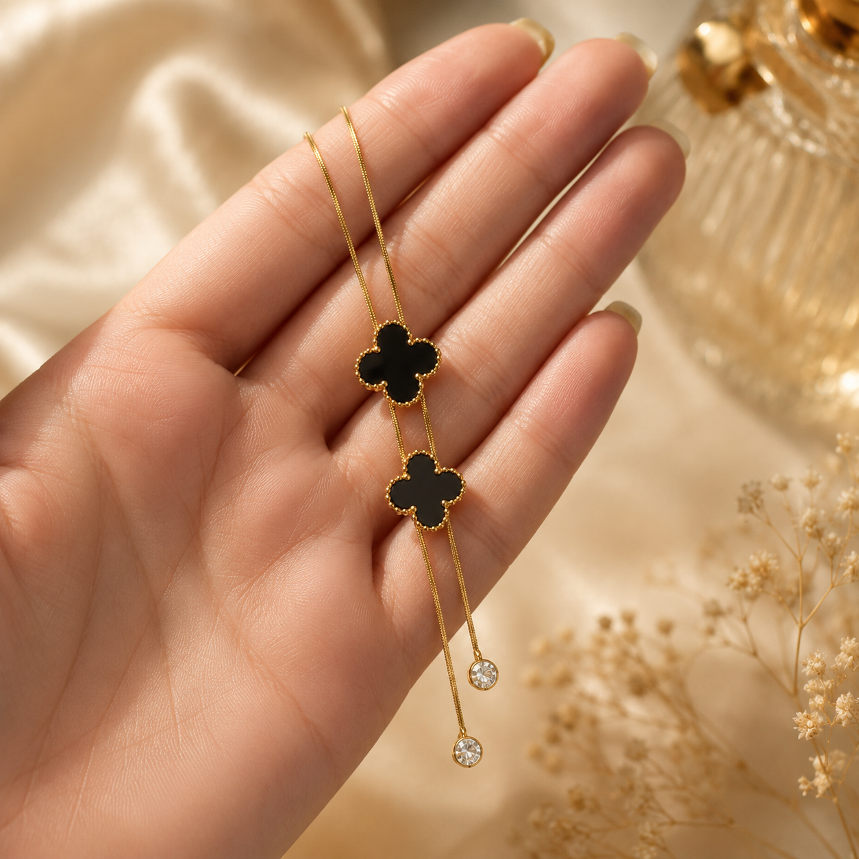 Anti Tarnish Gold Plated Black Clover Pendant Necklace for Women & Girls | Crystal Drop Chain